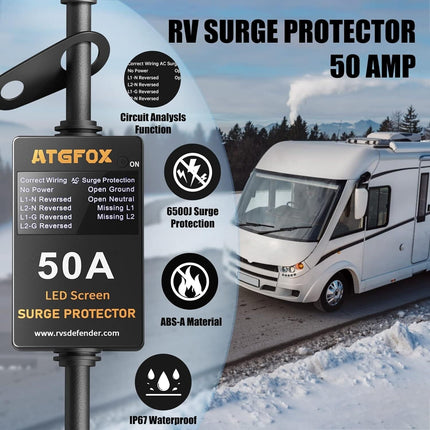 ATGFOX 50 Amp 125V RV Camper Surge Protector Waterproof Cover 3.5" LED Screen