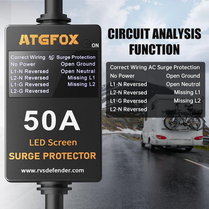 ATGFOX 50 Amp 125V RV Camper Surge Protector Waterproof Cover 3.5" LED Screen